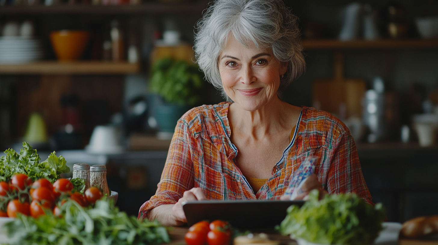 Възрастна жена готви здравословна храна в кухнята си