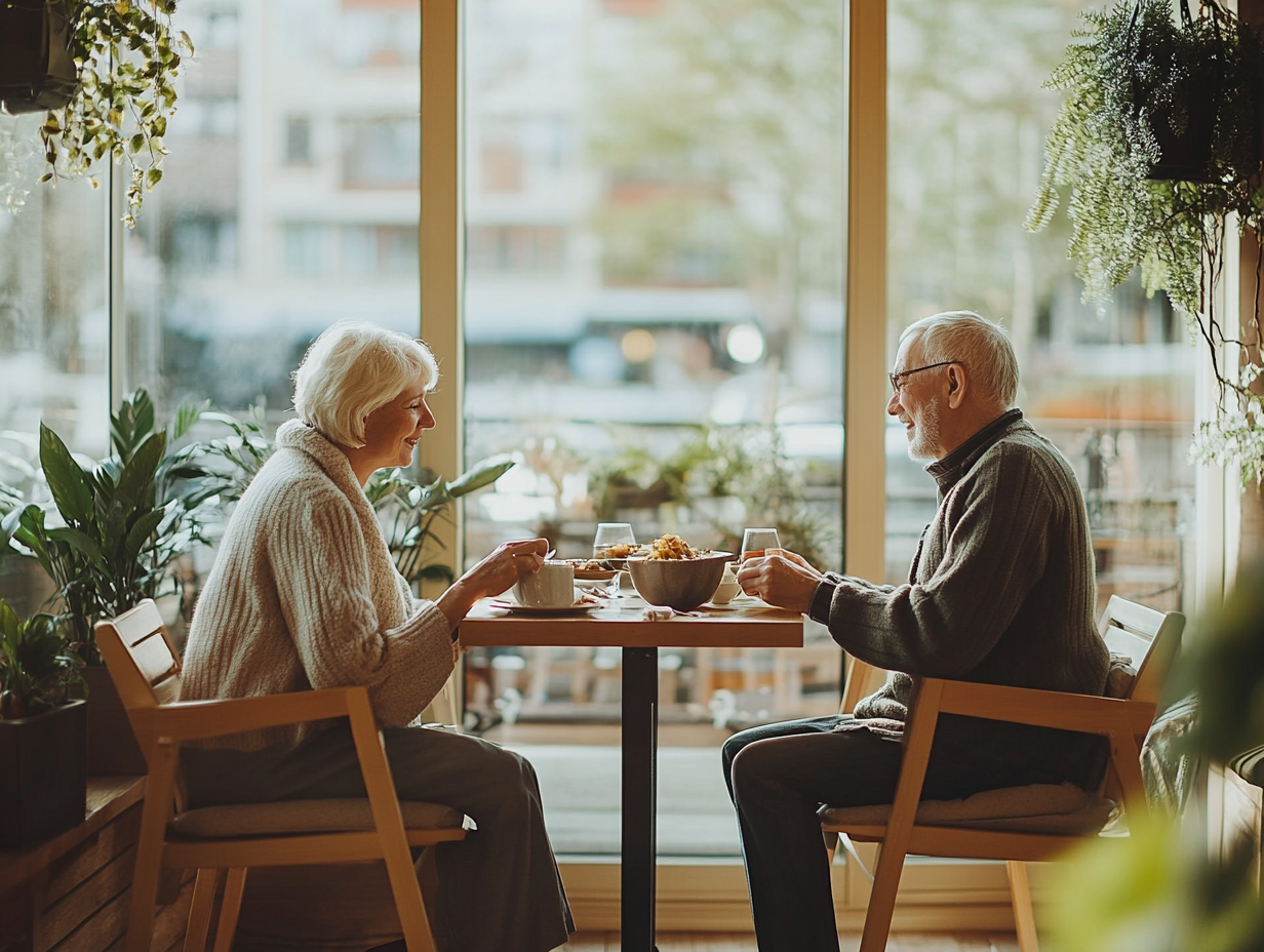Възрастна двойка се наслаждава на здравословна храна заедно